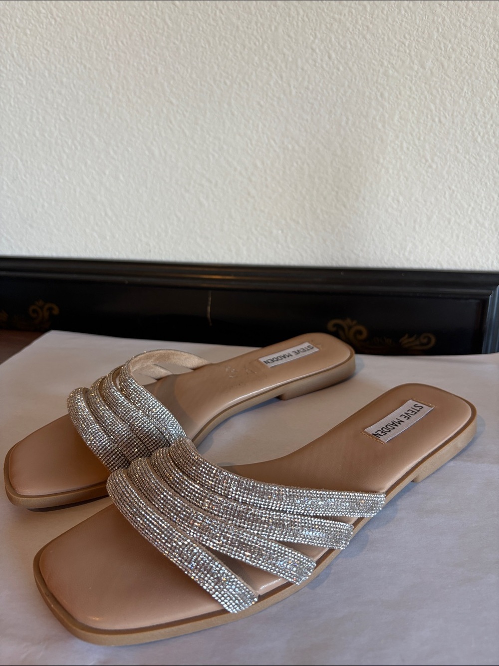 Steve Madden Tan Slide Sandals with Sparkling Crystal Straps